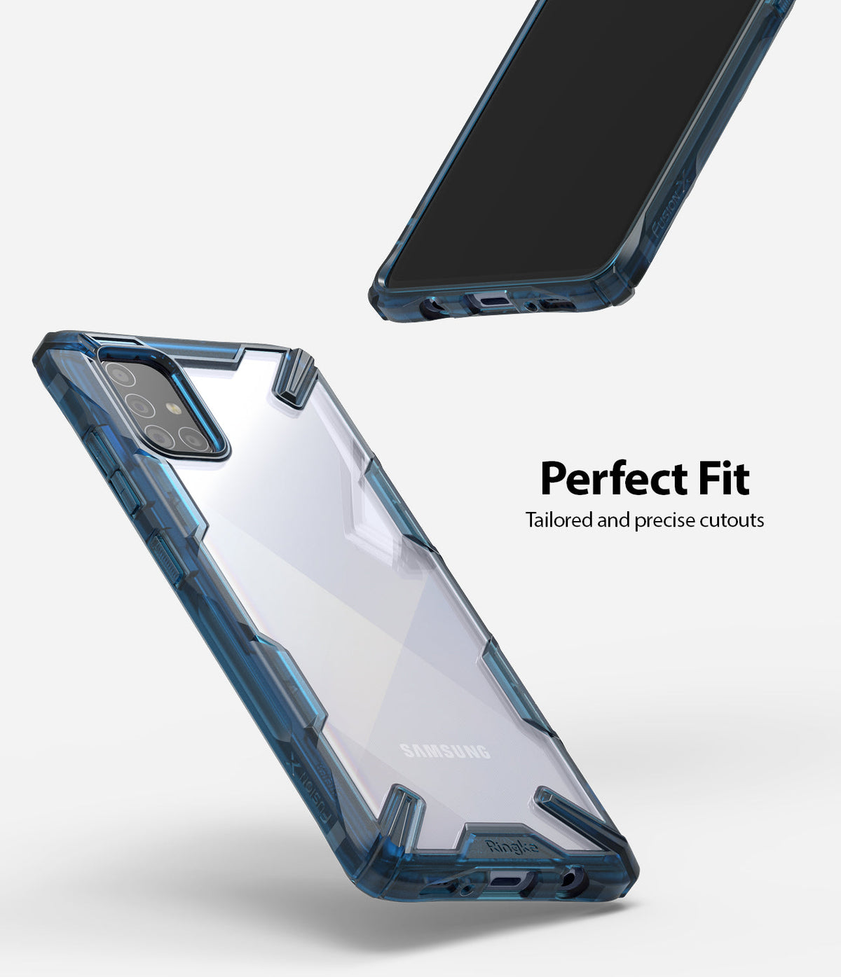 Galaxy A71 Case | Fusion-X - Clear phone case with blue reinforced edges shown from front and back angles.