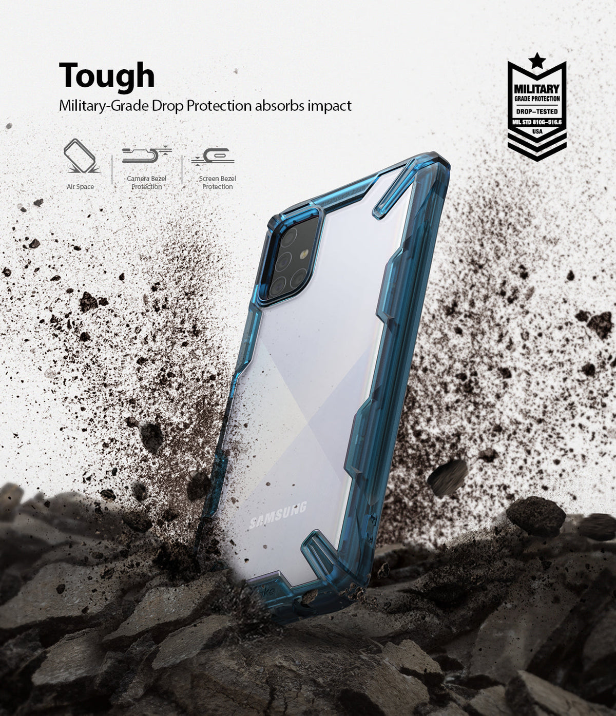 Galaxy A71 Case | Fusion-X - Blue-rimmed clear phone case standing in dirt with military-grade drop protection icons.
