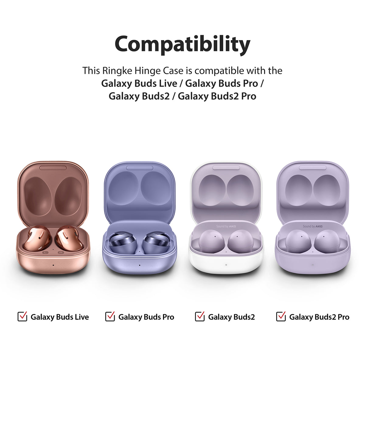 GIFT SET | Galaxy Buds2 Pro / Buds 2 / Buds Pro / Buds Live - Four open Samsung earbud cases with earbuds in a row.
