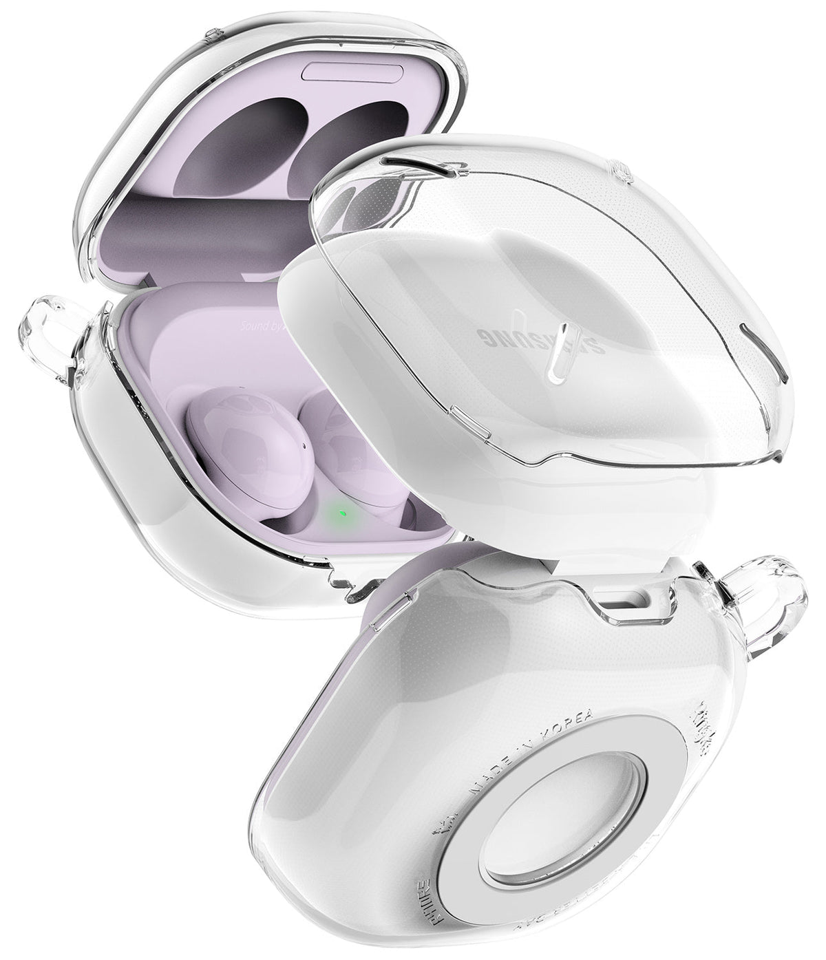Galaxy Buds FE / 2 Pro / Buds 2 / Galaxy Buds Pro / Live Case | Slim-X - Clear protective case on lavender Galaxy Buds.