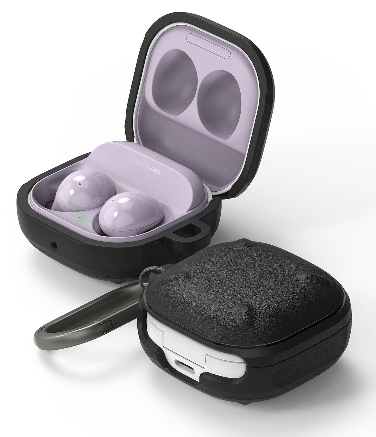Galaxy Buds FE / 2 Pro / Buds 2 / Galaxy Buds Pro / Live Case | Onyx - Lavender earbuds in an open black protective case.