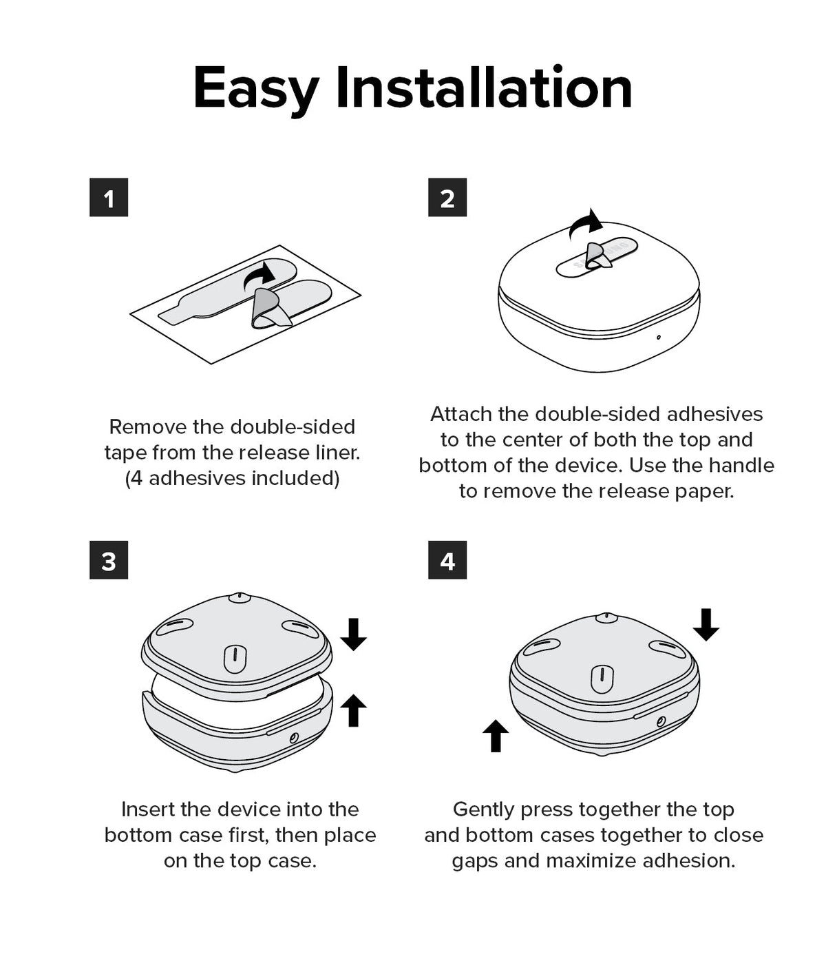 Galaxy Buds FE / 2 Pro / Buds 2 / Galaxy Buds Pro / Live Case | Onyx - Four-step illustrated guide for installing adhesive.