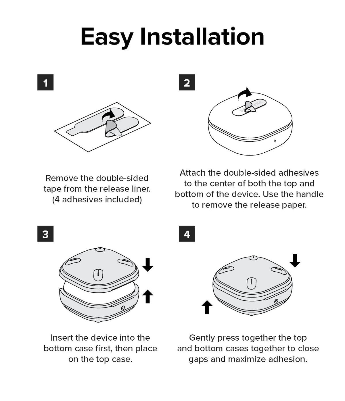 Galaxy Buds FE / 2 Pro / Buds 2 / Galaxy Buds Pro / Live Case | Onyx - Four-step illustrated guide for installing adhesive case.