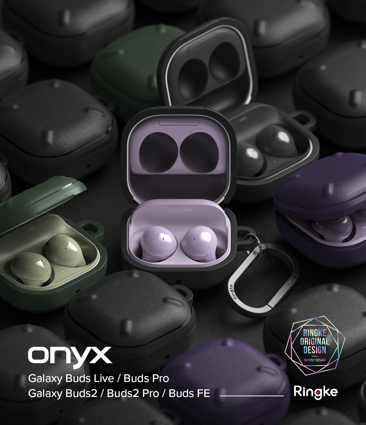 Galaxy Buds FE / 2 Pro / Buds 2 / Galaxy Buds Pro / Live Case | Onyx - Multiple textured black cases holding earbuds.