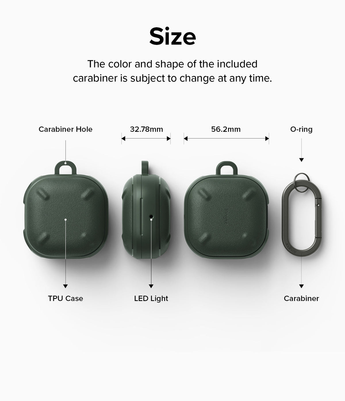 Galaxy Buds FE / 2 Pro / Buds 2 / Galaxy Buds Pro / Live Case | Onyx - Dimensions and components of the dark green case.