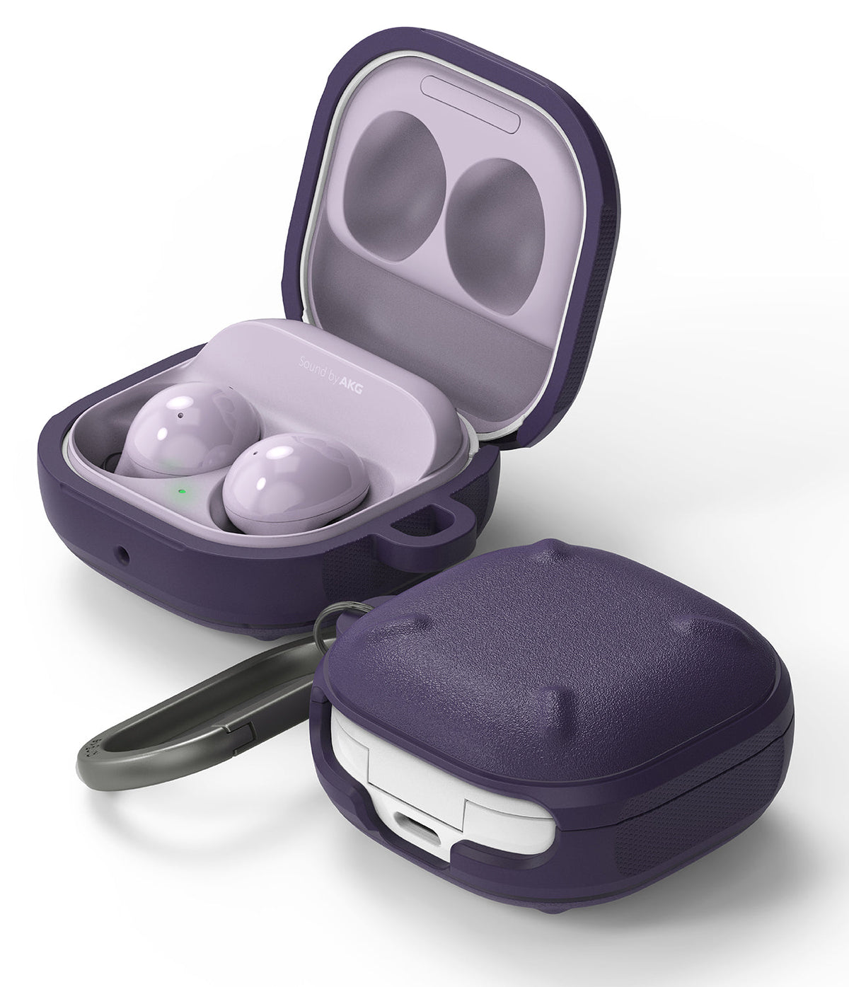 Galaxy Buds FE / 2 Pro / Buds 2 / Galaxy Buds Pro / Live Case | Onyx - Open and closed purple protective cases with carabiner.