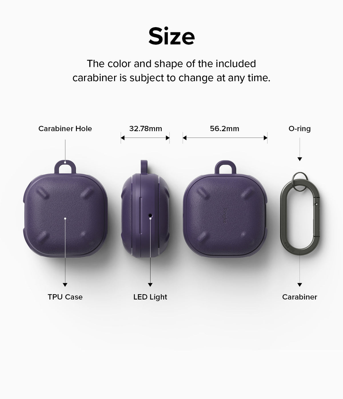 Galaxy Buds FE / 2 Pro / Buds 2 / Galaxy Buds Pro / Live Case | Onyx - Dimensions and features of a purple TPU case.