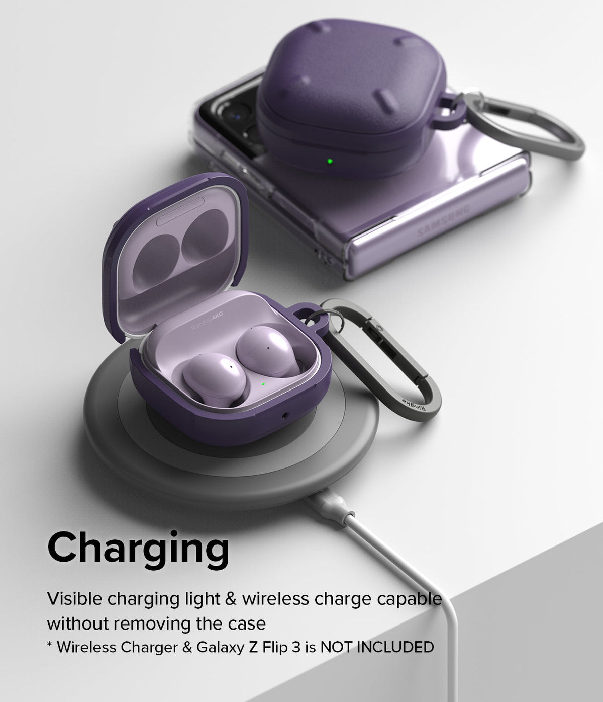 Galaxy Buds FE / 2 Pro / Buds 2 / Galaxy Buds Pro / Live Case | Onyx - Purple earbud case on a wireless charging pad.