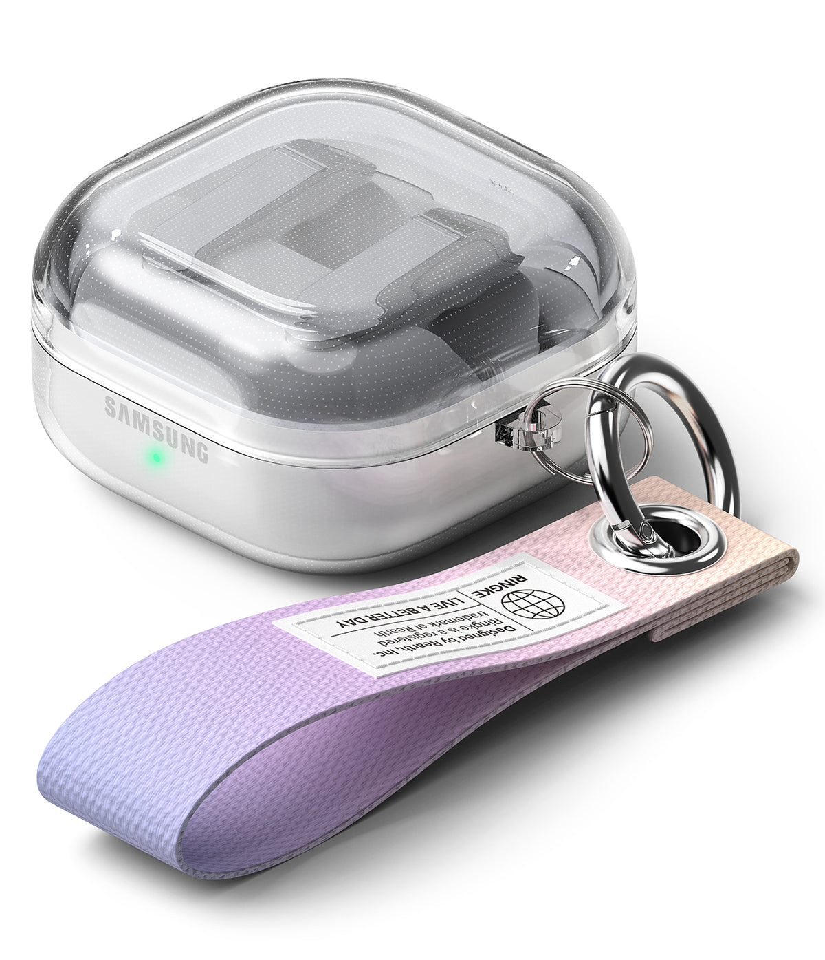 Galaxy Buds 4 Pro / 4 Case | Air - Clear protective case on Samsung earbuds with a lavender and peach fabric keychain.