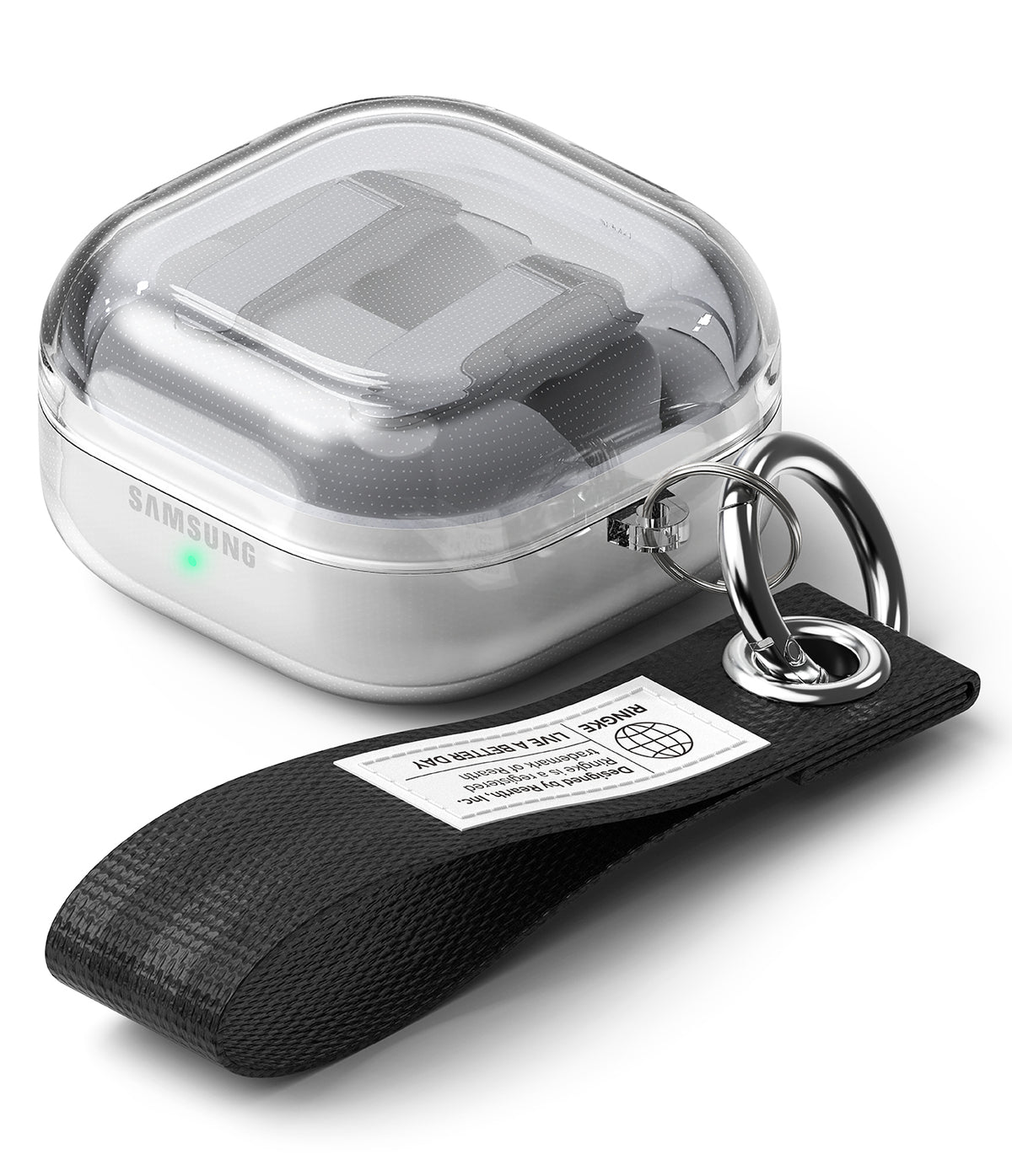 Galaxy Buds 4 Pro / 4 Case | Air - Clear protective case for Samsung earbuds with a black fabric wrist strap keychain.