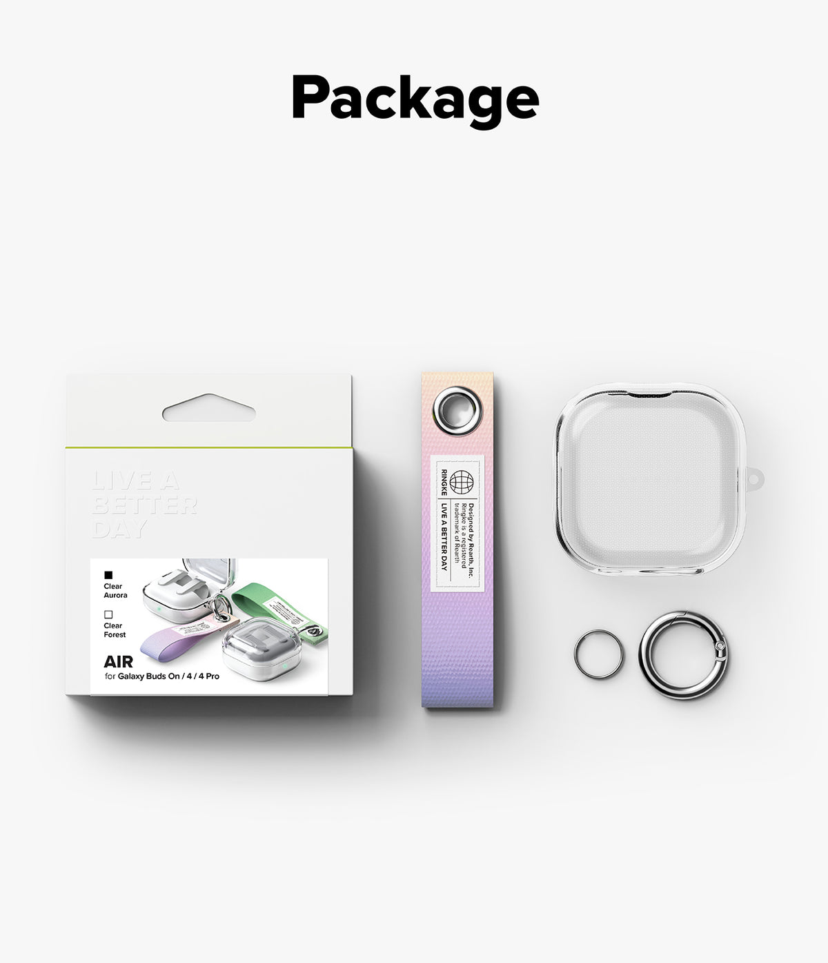 Samsung Galaxy Buds On / 4 Pro / 4 Case | Air - Packaging box, gradient fabric strap, clear protective case, and metal key ring.