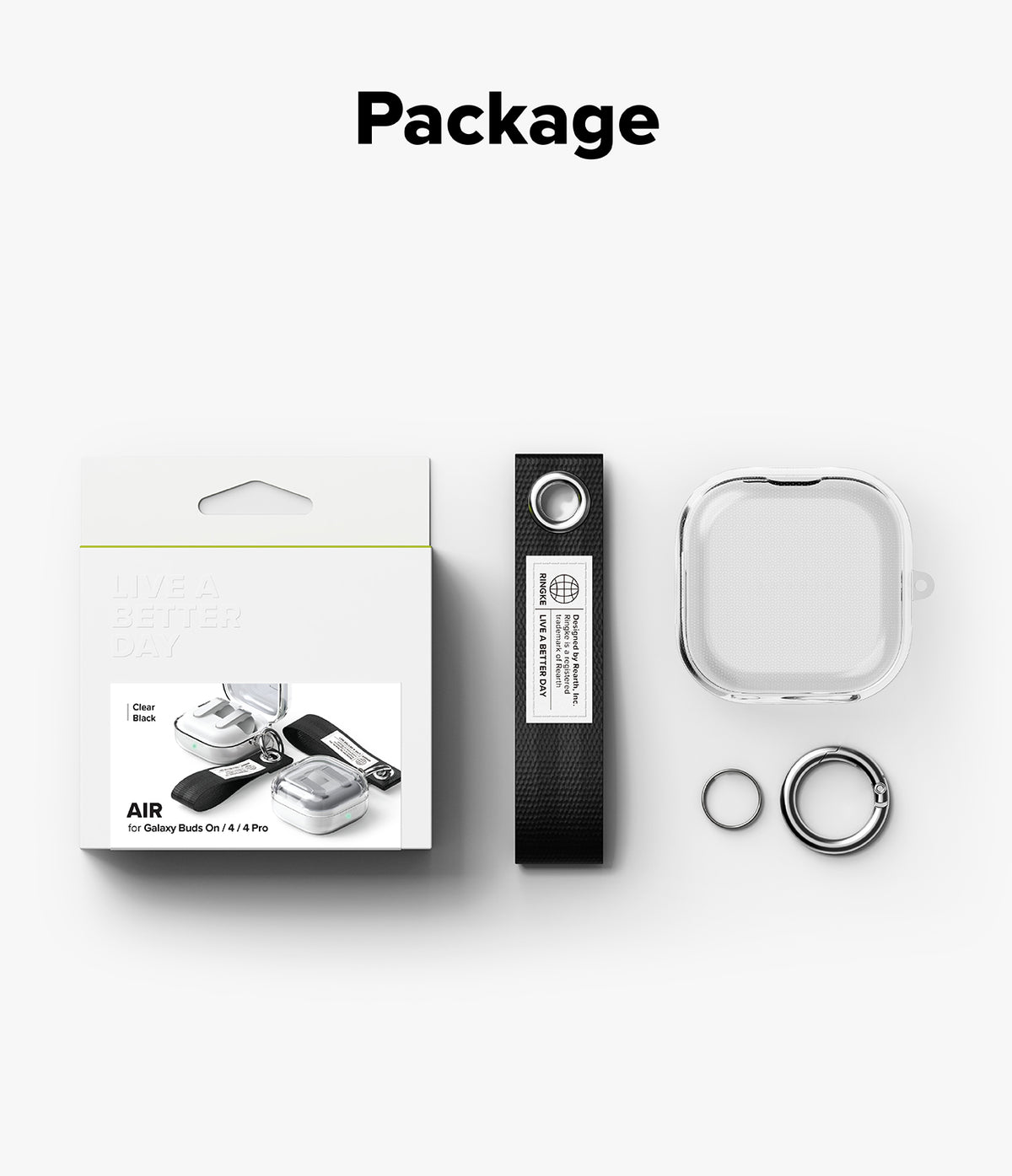 Samsung Galaxy Buds On / 4 Pro / 4 Case | Air - Packaging, clear protective case, black fabric strap, and metal rings on white background.