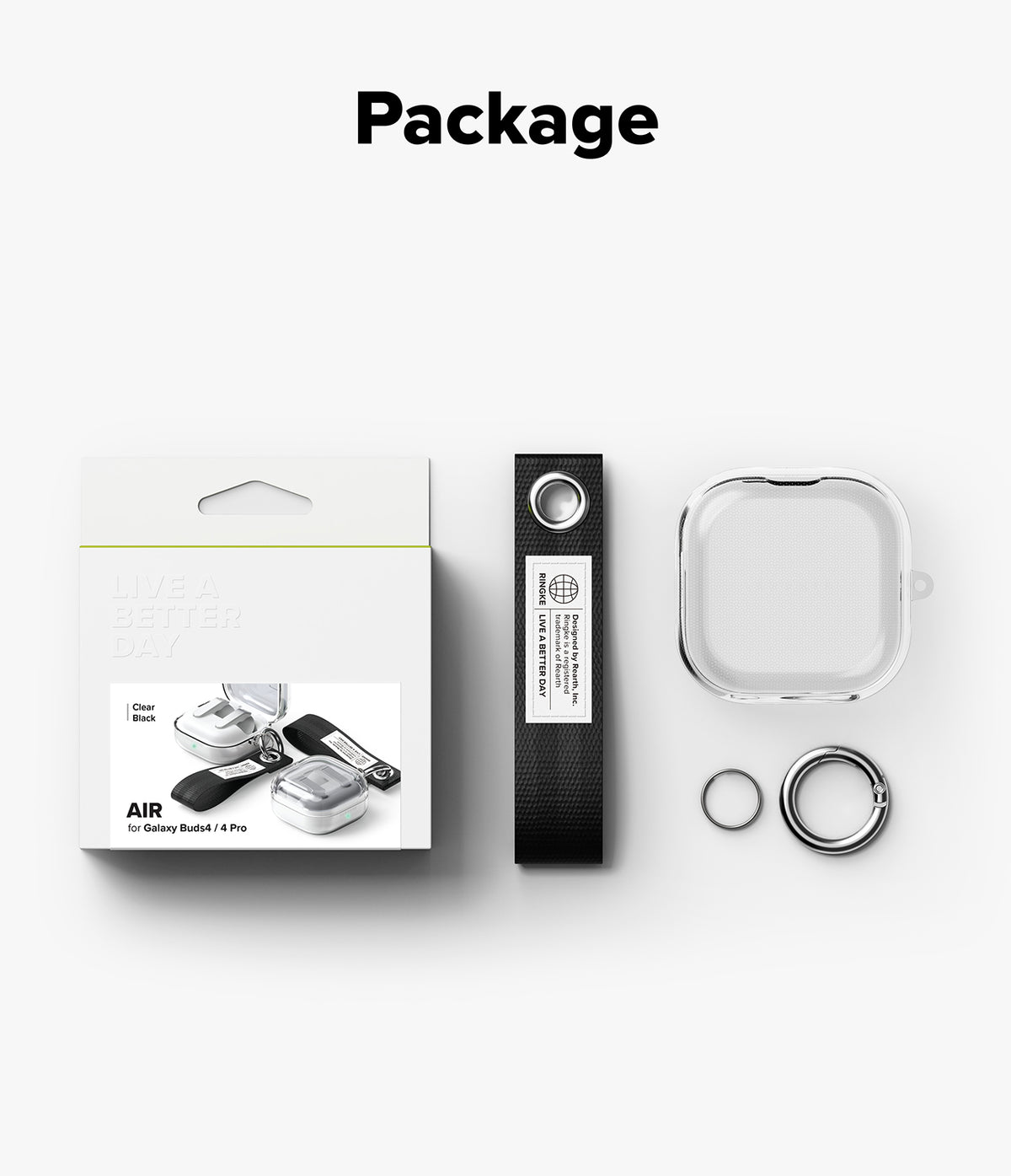 Galaxy Buds 4 Pro / 4 Case | Air - Packaging, clear protective case, black fabric strap, and metal rings on white background.