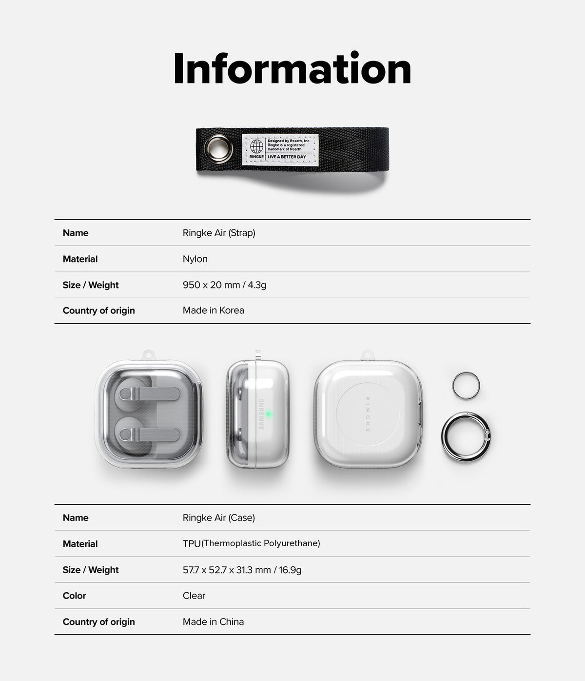 Galaxy Buds 4 Pro / 4 Case | Air - Product information chart for Ringke Air strap and clear case with technical specifications.