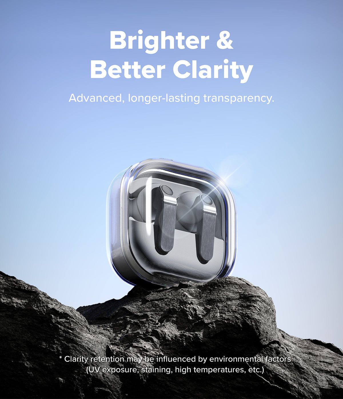 Galaxy Buds 4 Pro / 4 Case | Air - Clear protective case for Galaxy Buds on a rocky surface against a blue sky.