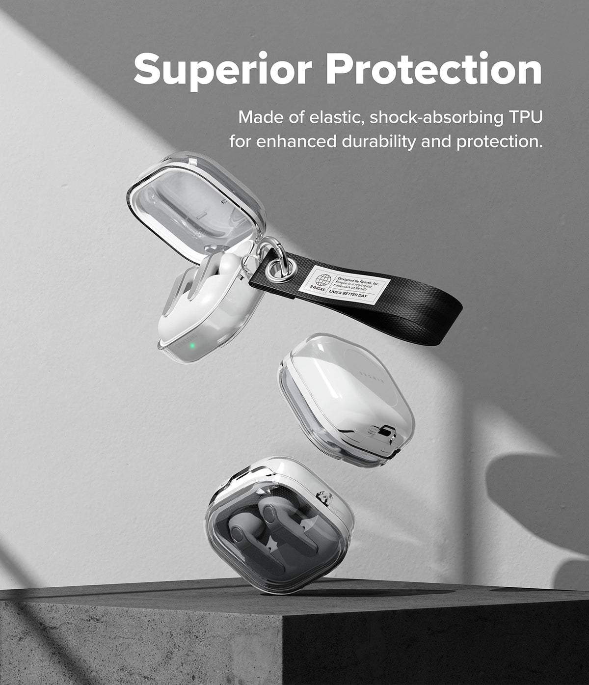 Galaxy Buds 4 Pro / 4 Case | Air - Clear TPU protective cases for Galaxy Buds floating with a black branded strap.