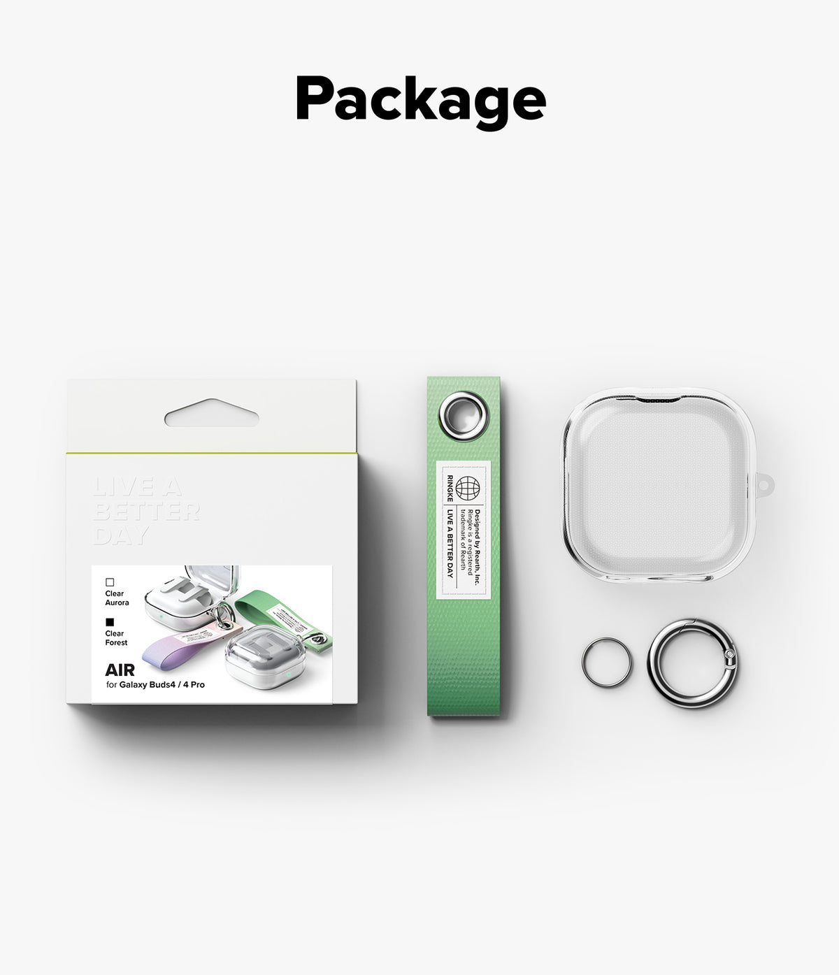 Samsung Galaxy Buds On / 4 Pro / 4 Case | Air - Packaging, clear protective case, green fabric strap, and metal rings on white background.
