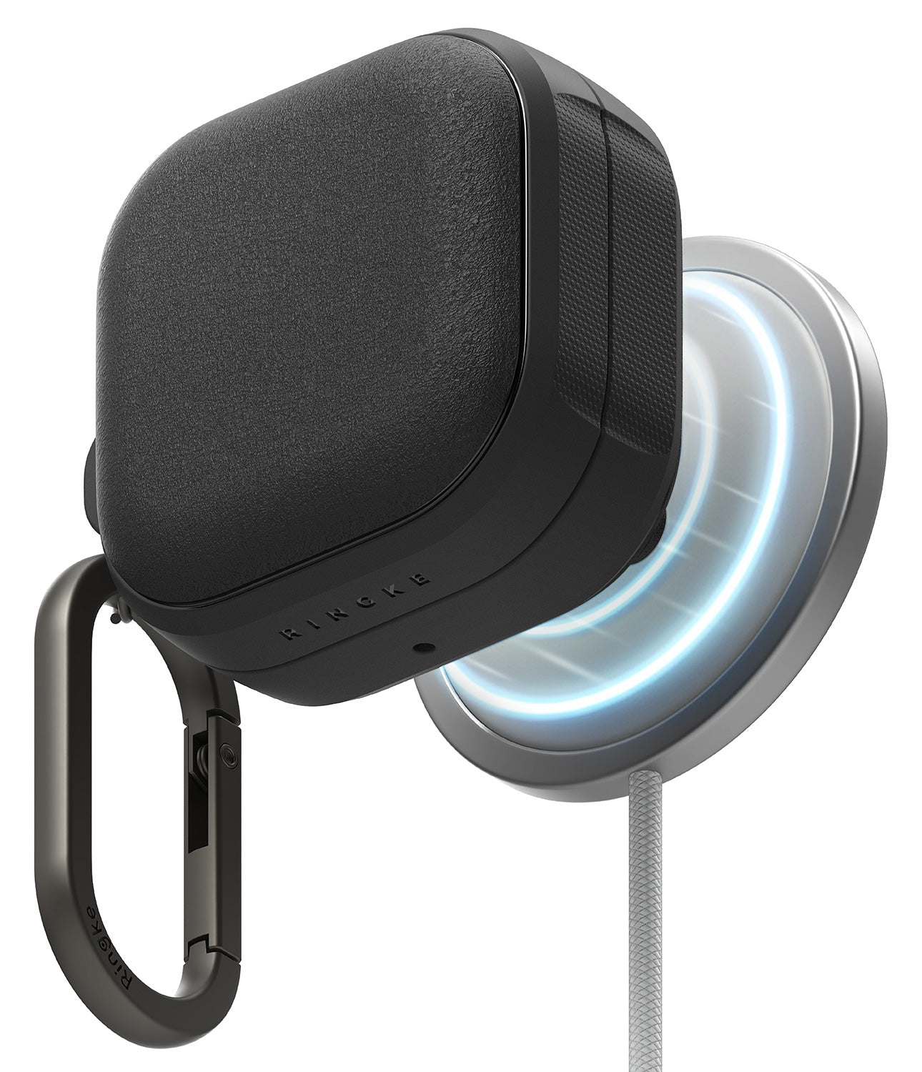 Galaxy Buds 4 Pro / 4 Case | Onyx Magnetic - Black textured case with carabiner magnetically attached to a wireless charger.