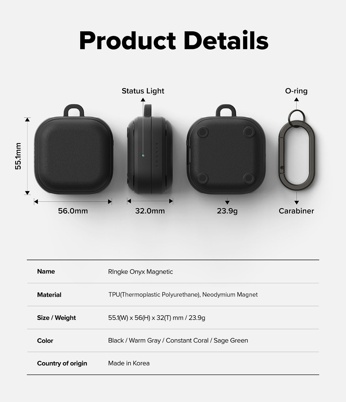 Galaxy Buds 4 Pro / 4 Case | Onyx Magnetic - Technical diagram showing case dimensions, weight, and carabiner with specs.
