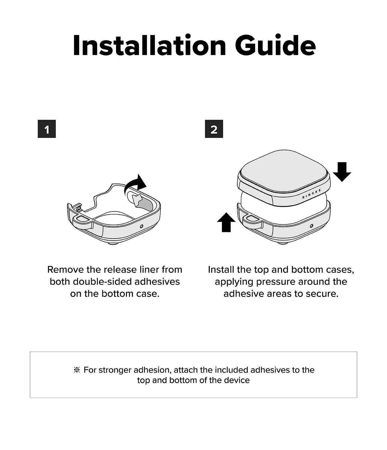 Galaxy Buds 4 Pro / 4 Case | Onyx Magnetic - Two-step installation guide showing adhesive removal and case attachment.