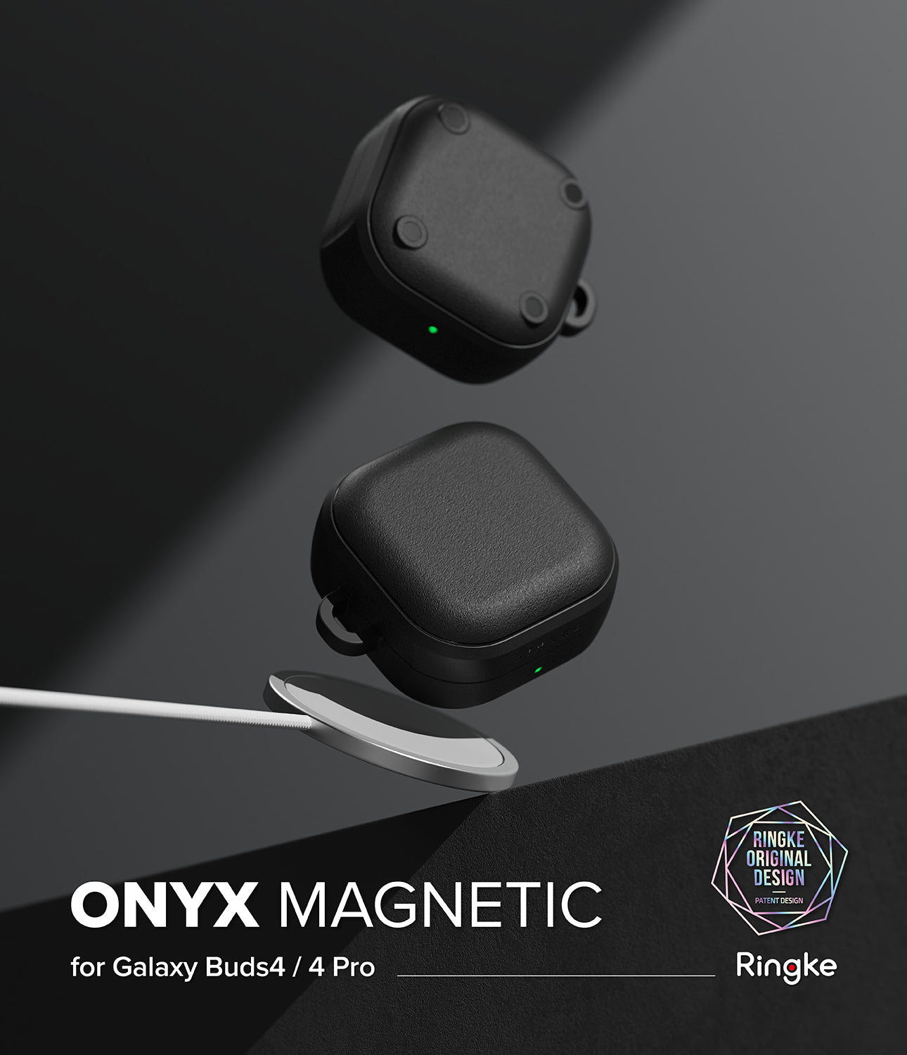 Galaxy Buds 4 Pro / 4 Case | Onyx Magnetic - Two black textured cases floating above a magnetic wireless charger.