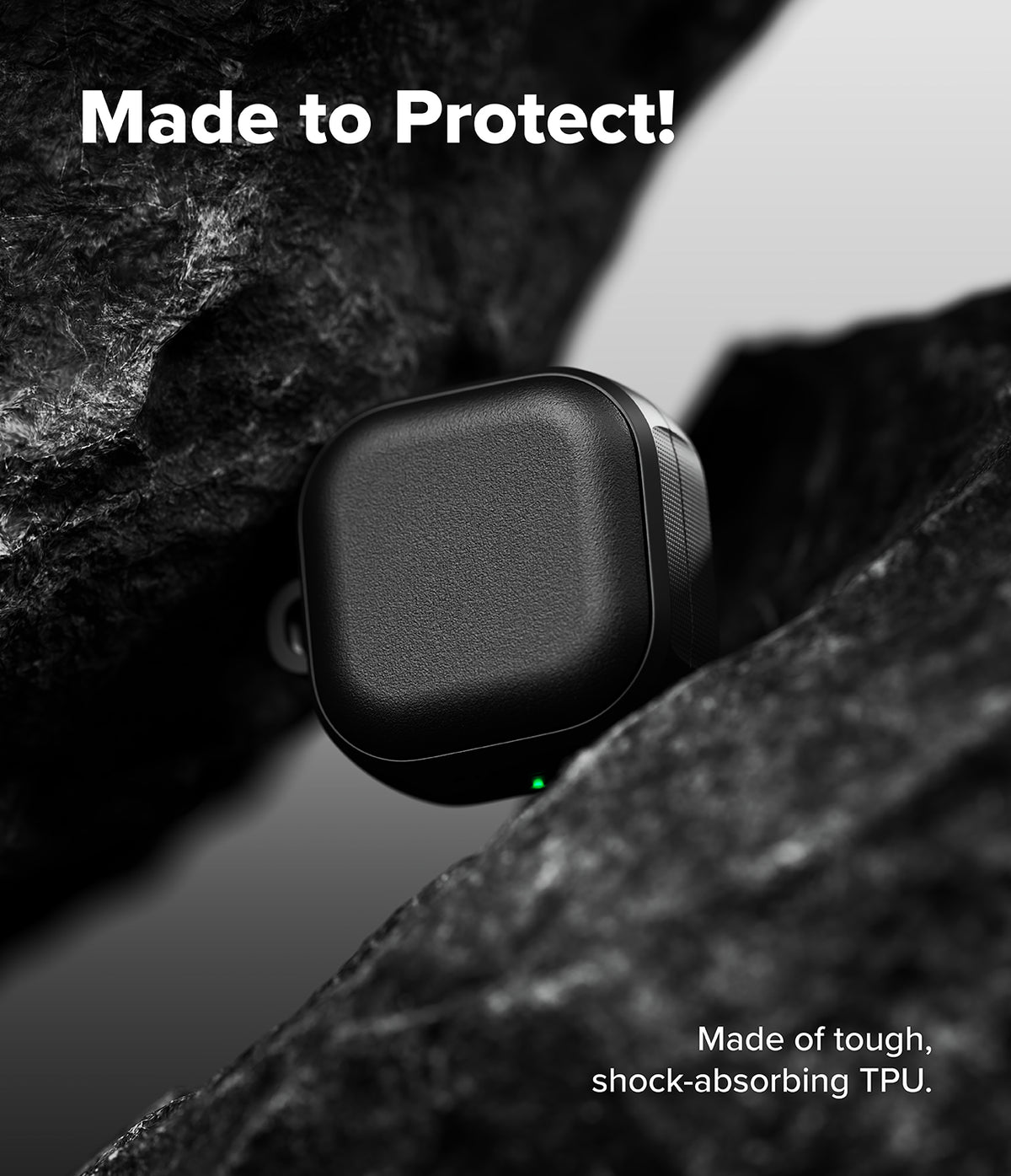Galaxy Buds 4 Pro / 4 Case | Onyx Magnetic - Black protective case nestled between dark, rugged rock formations.