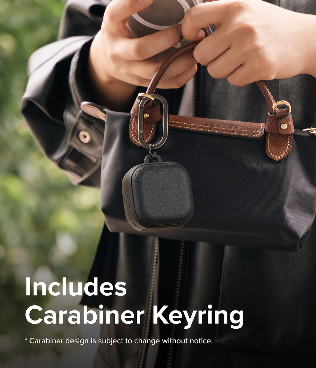 Galaxy Buds 4 Pro / 4 Case | Onyx Magnetic - Black textured earbud case hanging from a handbag via a metal carabiner.