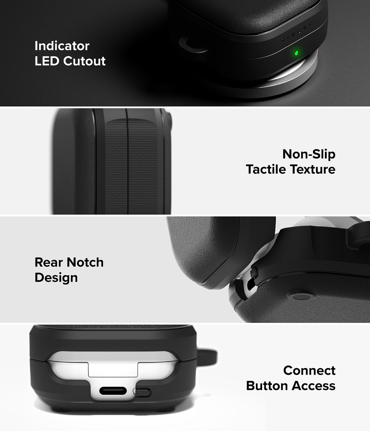 Galaxy Buds 4 Pro / 4 Case | Onyx Magnetic - Four panels showing LED cutout, textured grip, rear hinge, and port access.