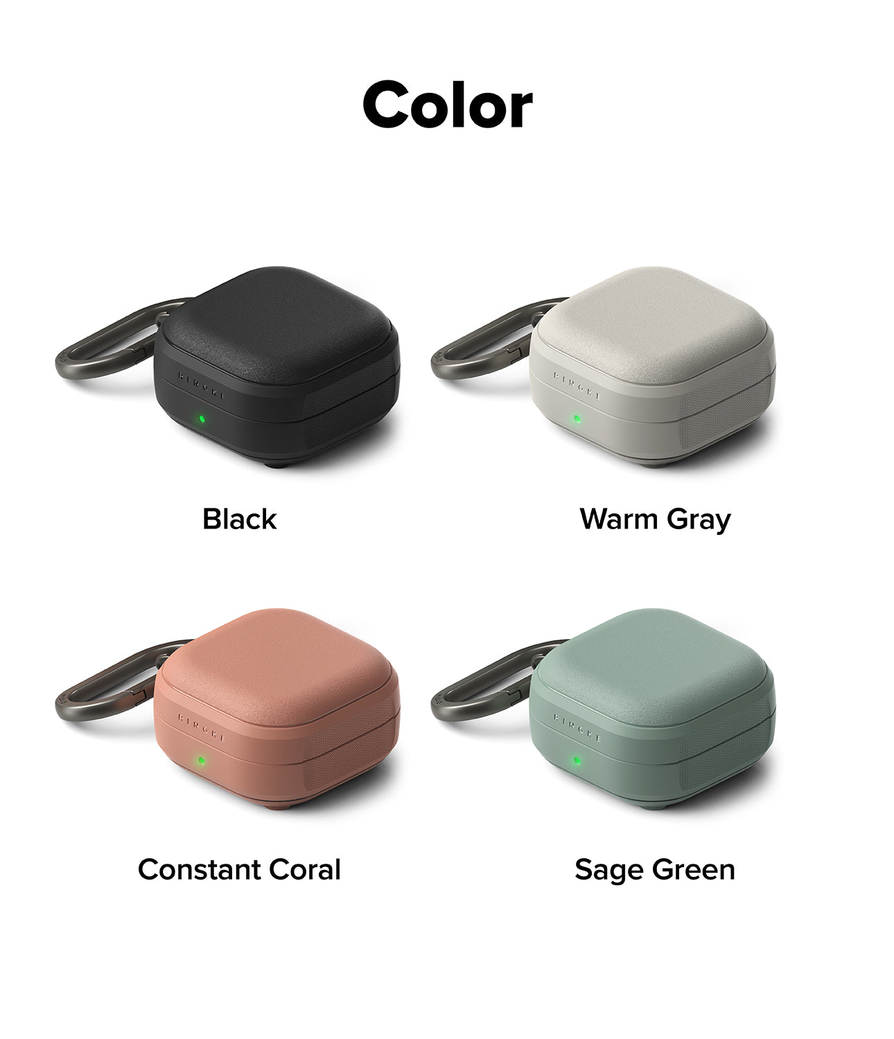 Galaxy Buds 4 Pro / 4 Case | Onyx Magnetic - Four Galaxy Buds cases in black, warm gray, coral, and sage green with carabiners.