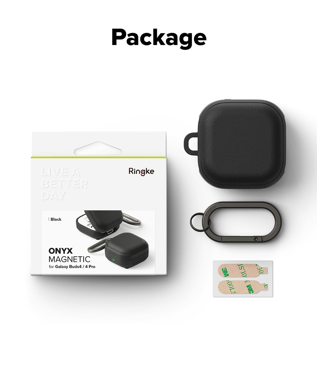 Galaxy Buds 4 Pro / 4 Case | Onyx Magnetic - Ringke black protective case, carabiner, and adhesive strips in packaging.