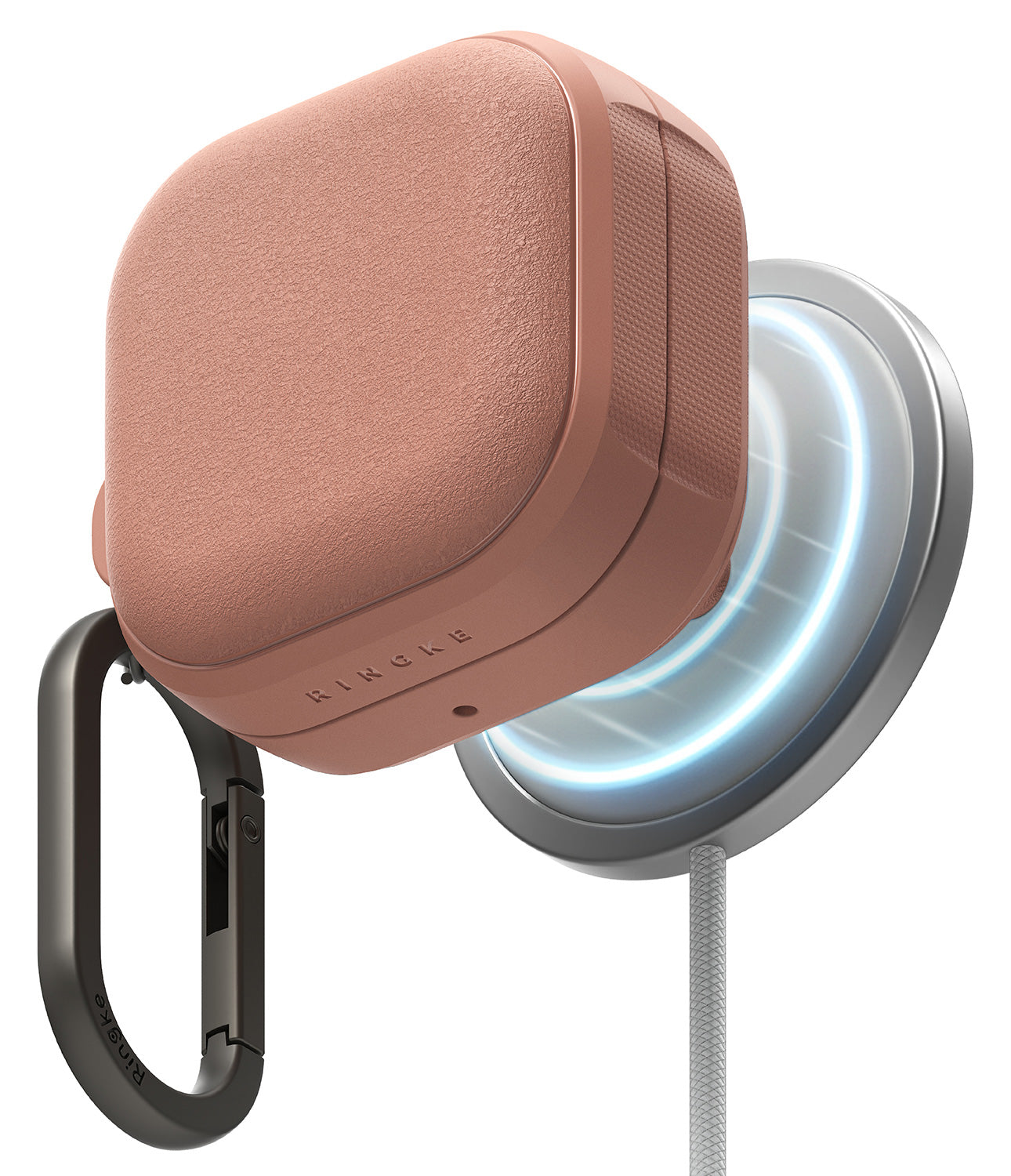 Galaxy Buds 4 Pro / 4 Case | Onyx Magnetic - Dusty pink textured case magnetically attached to a glowing wireless charger.