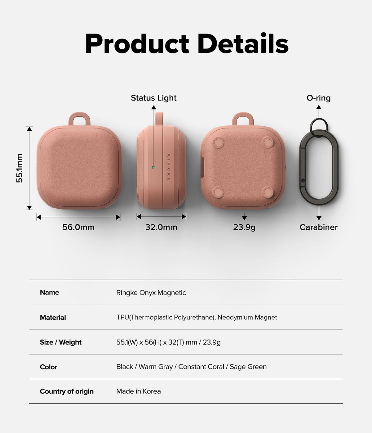 Galaxy Buds 4 Pro / 4 Case | Onyx Magnetic - Technical diagram showing coral case dimensions, weight, and carabiner.