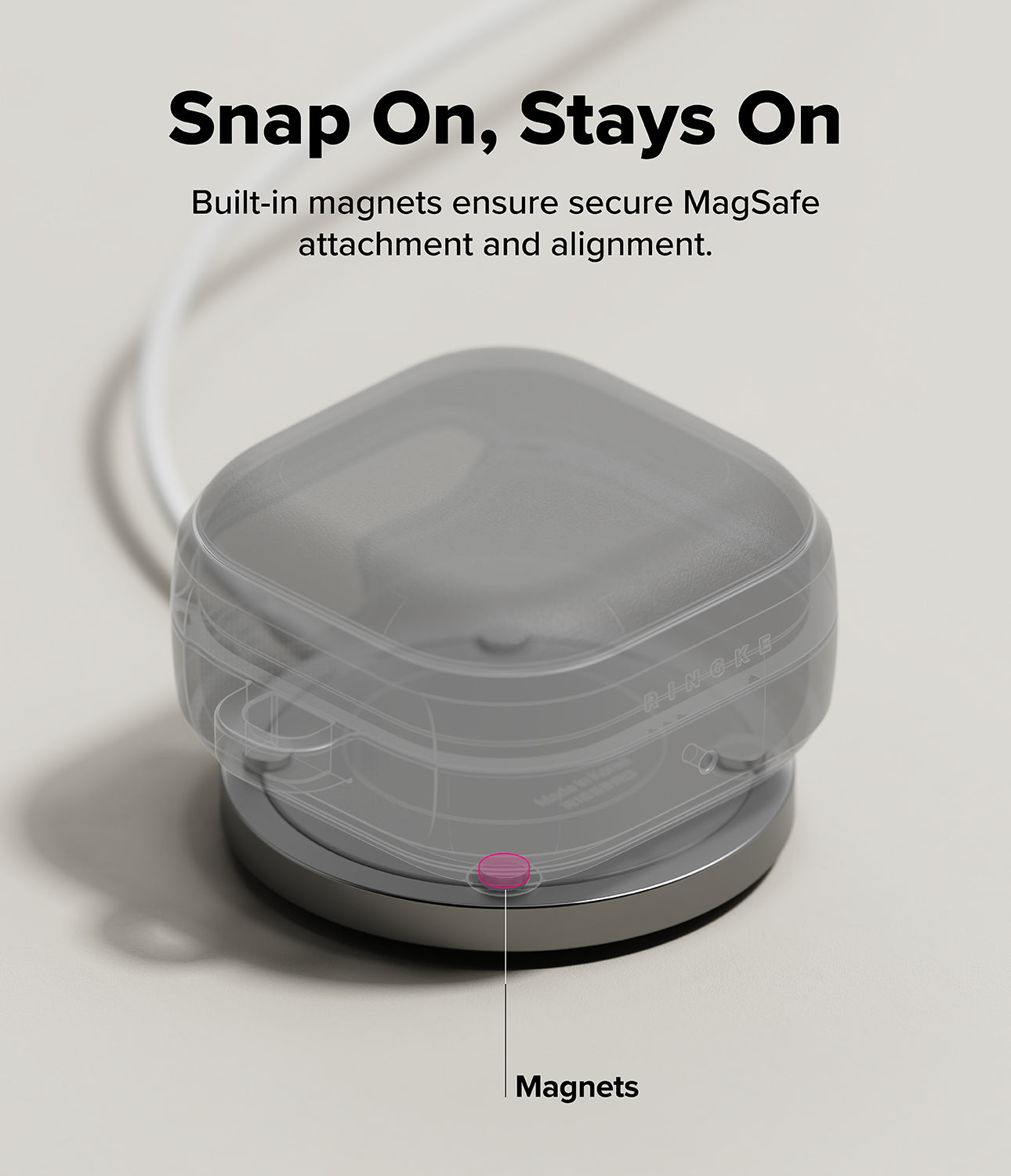 Galaxy Buds 4 Pro / 4 Case | Onyx Magnetic - Translucent Galaxy Buds case magnetically attached to a charging base.