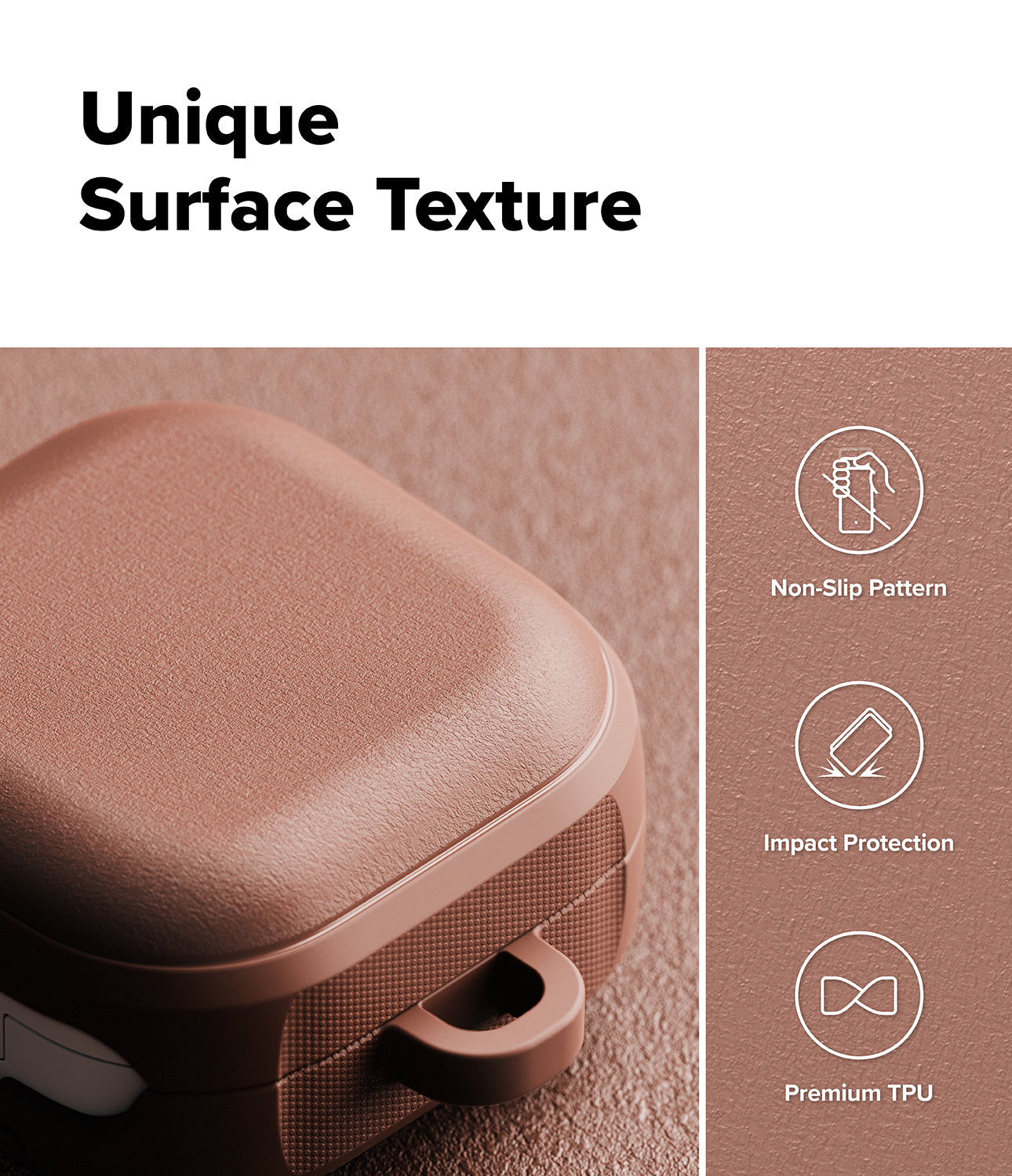 Galaxy Buds 4 Pro / 4 Case | Onyx Magnetic - Textured brown earbud case with icons for non-slip, impact protection, and TPU.
