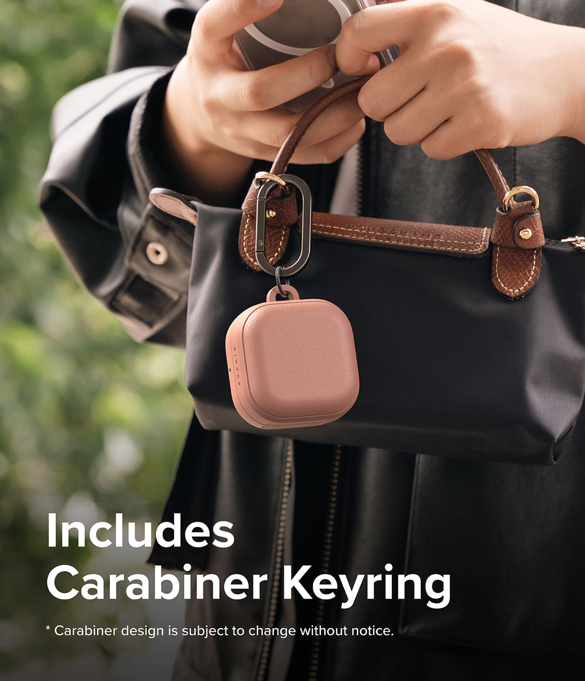 Galaxy Buds 4 Pro / 4 Case | Onyx Magnetic - Pink earbud case attached to a black handbag with a metal carabiner.