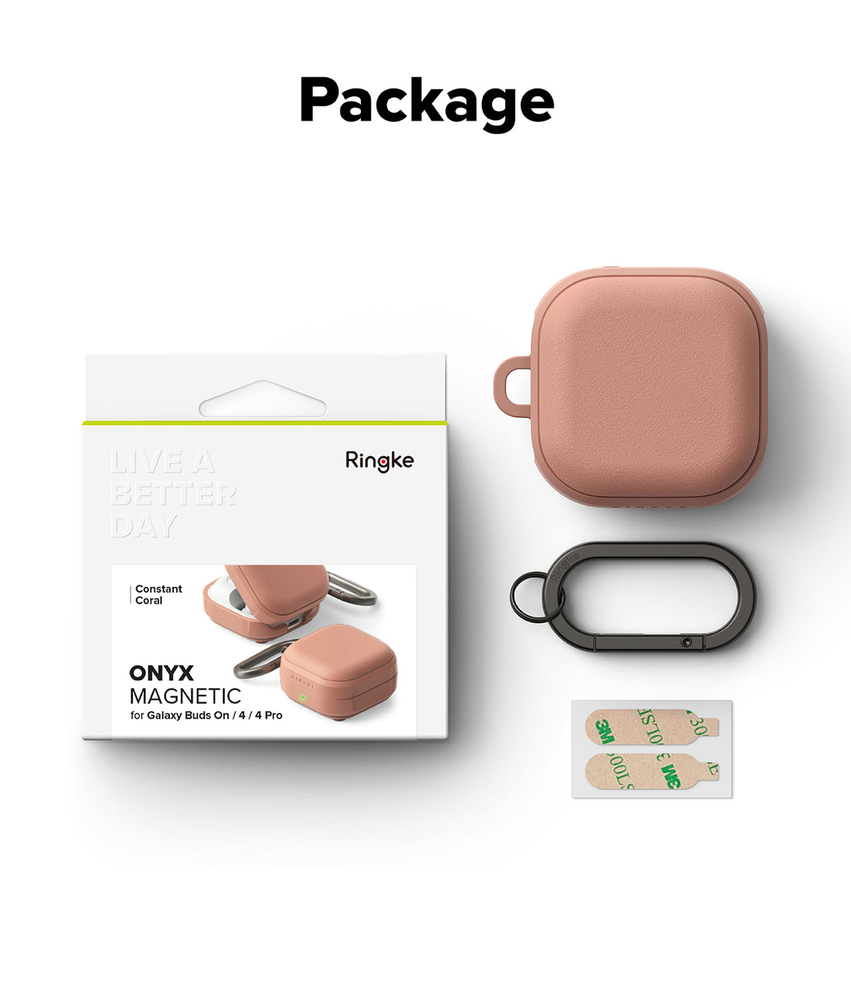 Samsung Galaxy Buds On / 4 Pro / 4 Case | Onyx Magnetic - Coral case, black carabiner, and adhesive strips next to product packaging.