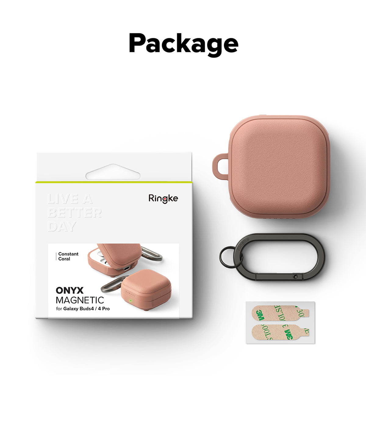 Galaxy Buds 4 Pro / 4 Case | Onyx Magnetic - Coral case, black carabiner, and adhesive strips next to product packaging.