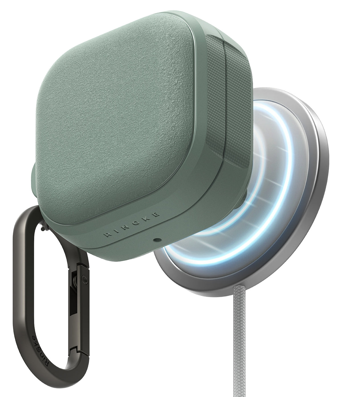 Galaxy Buds 4 Pro / 4 Case | Onyx Magnetic - Sage green textured case attached to a glowing magnetic wireless charger.