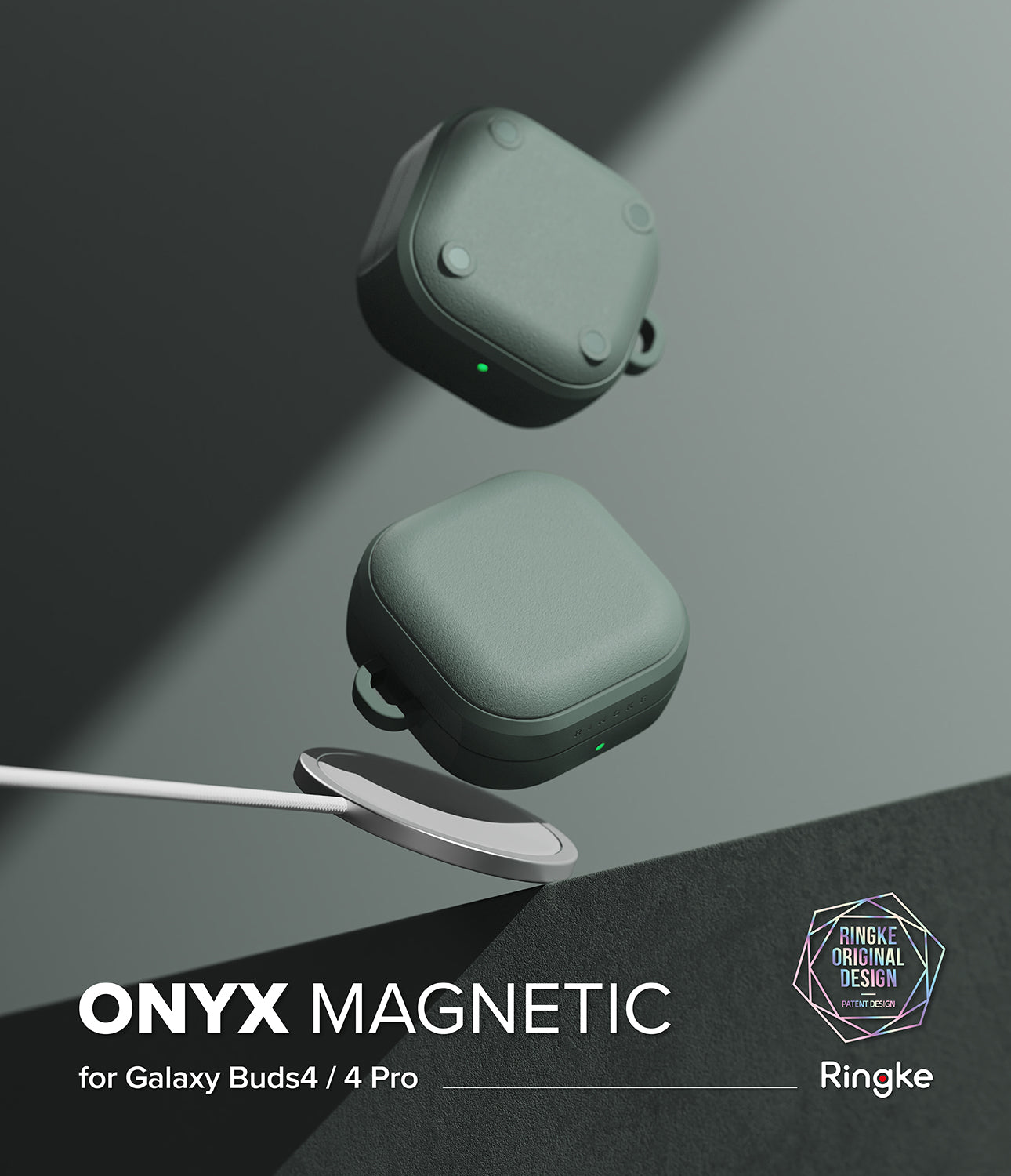Galaxy Buds 4 Pro / 4 Case | Onyx Magnetic - Two sage green earbud cases floating above a magnetic wireless charger.