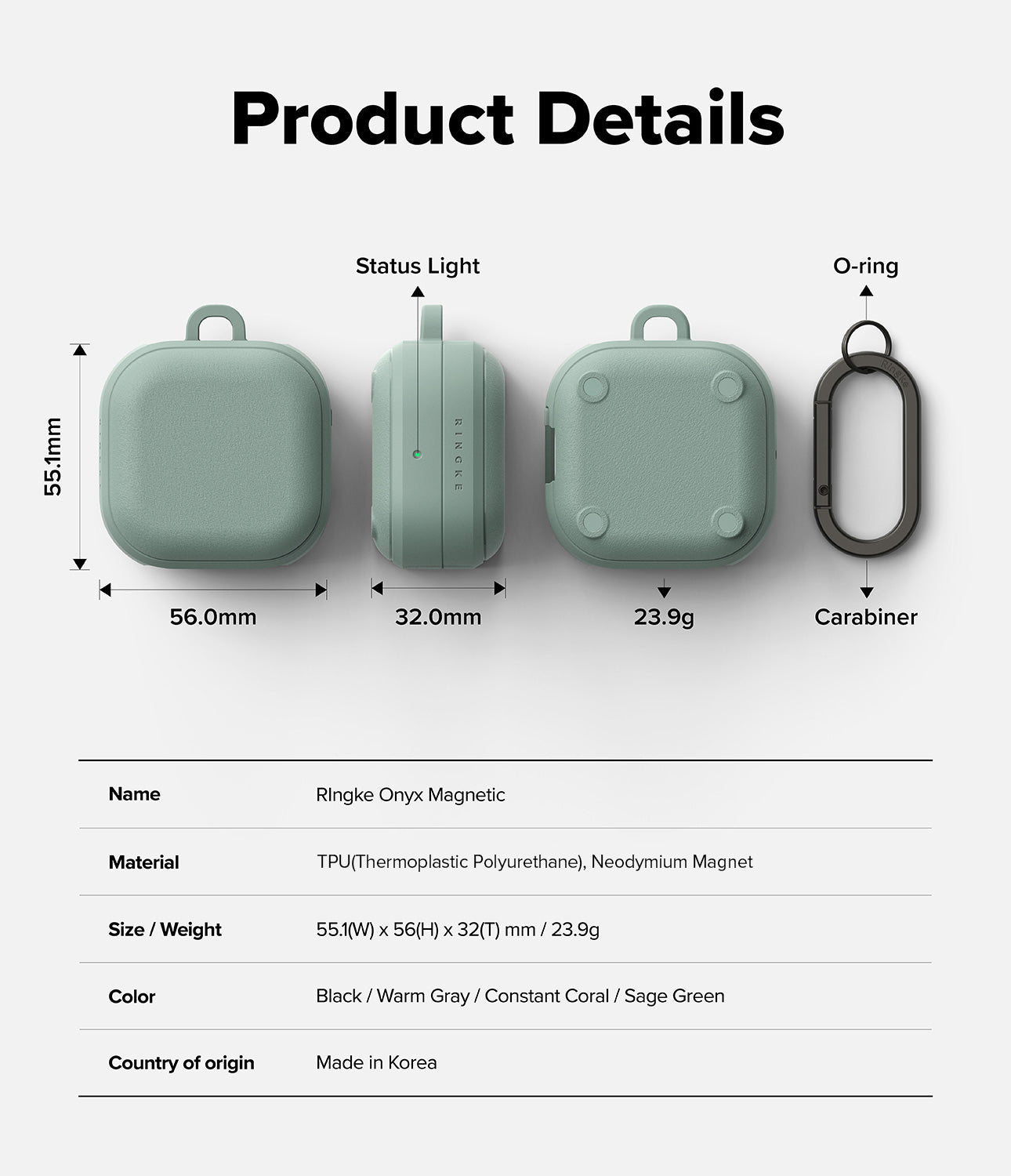 Galaxy Buds 4 Pro / 4 Case | Onyx Magnetic - Technical diagram showing dimensions, weight, and features of the sage case.