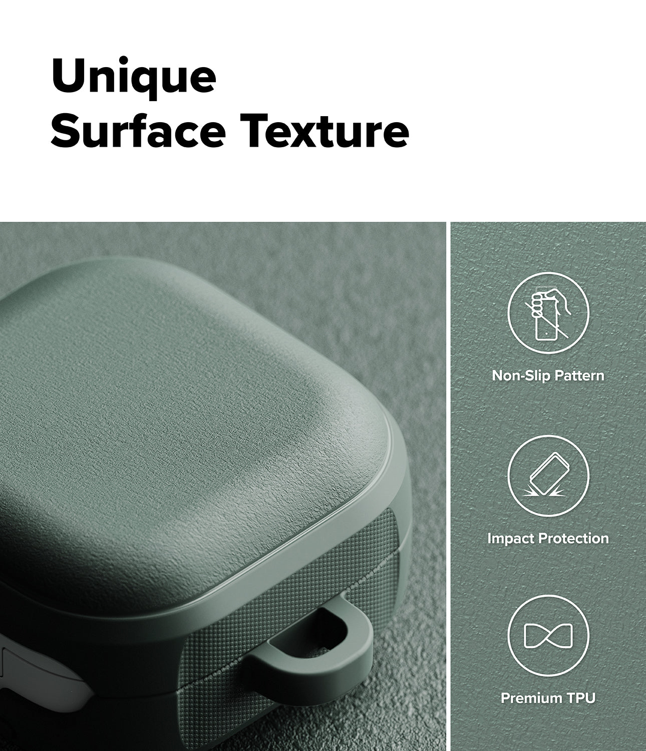 Galaxy Buds 4 Pro / 4 Case | Onyx Magnetic - Textured green earbud case with icons for non-slip, impact, and TPU material.