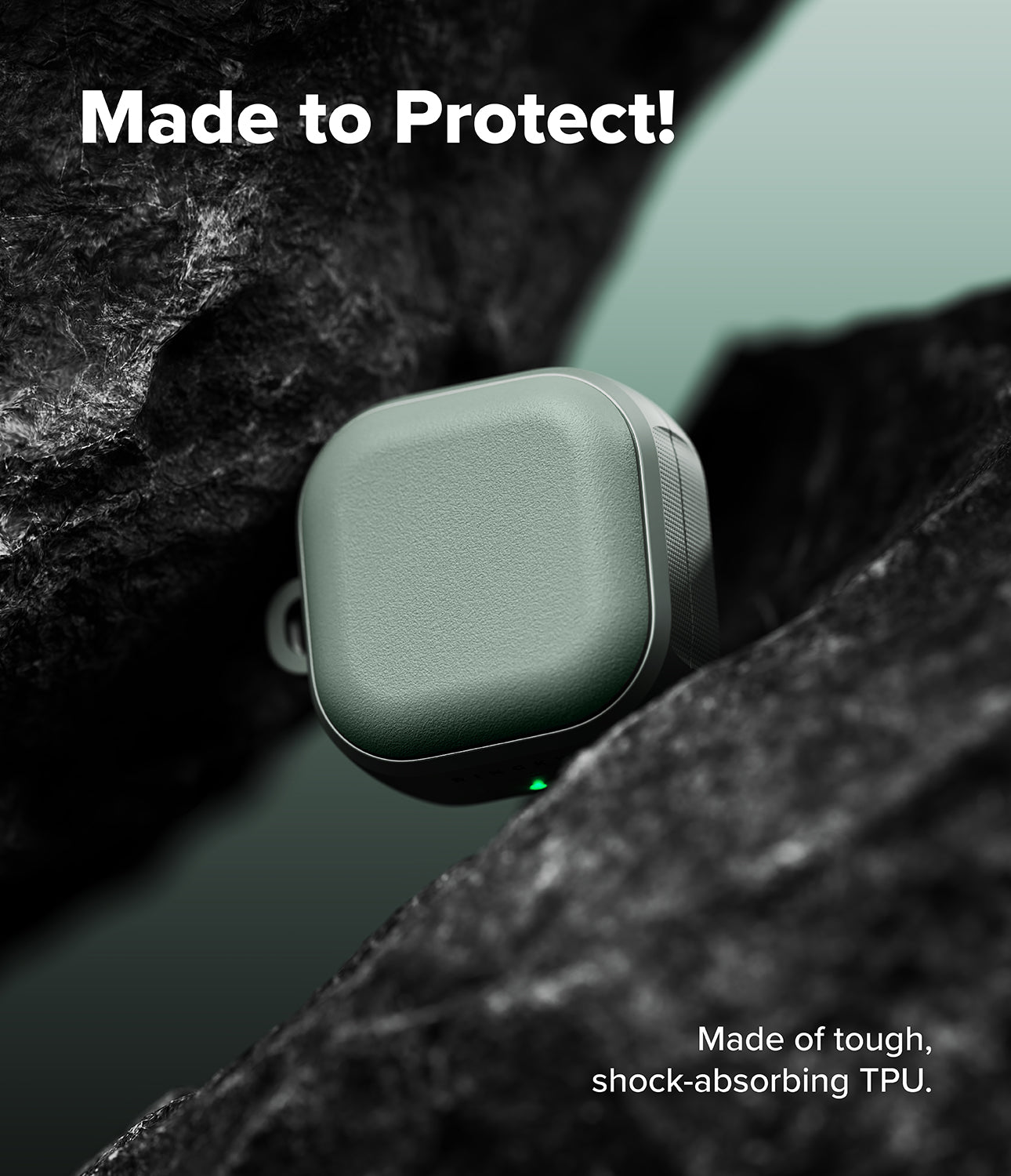 Galaxy Buds 4 Pro / 4 Case | Onyx Magnetic - Sage green earbud case nestled between dark, rugged rocks with text.