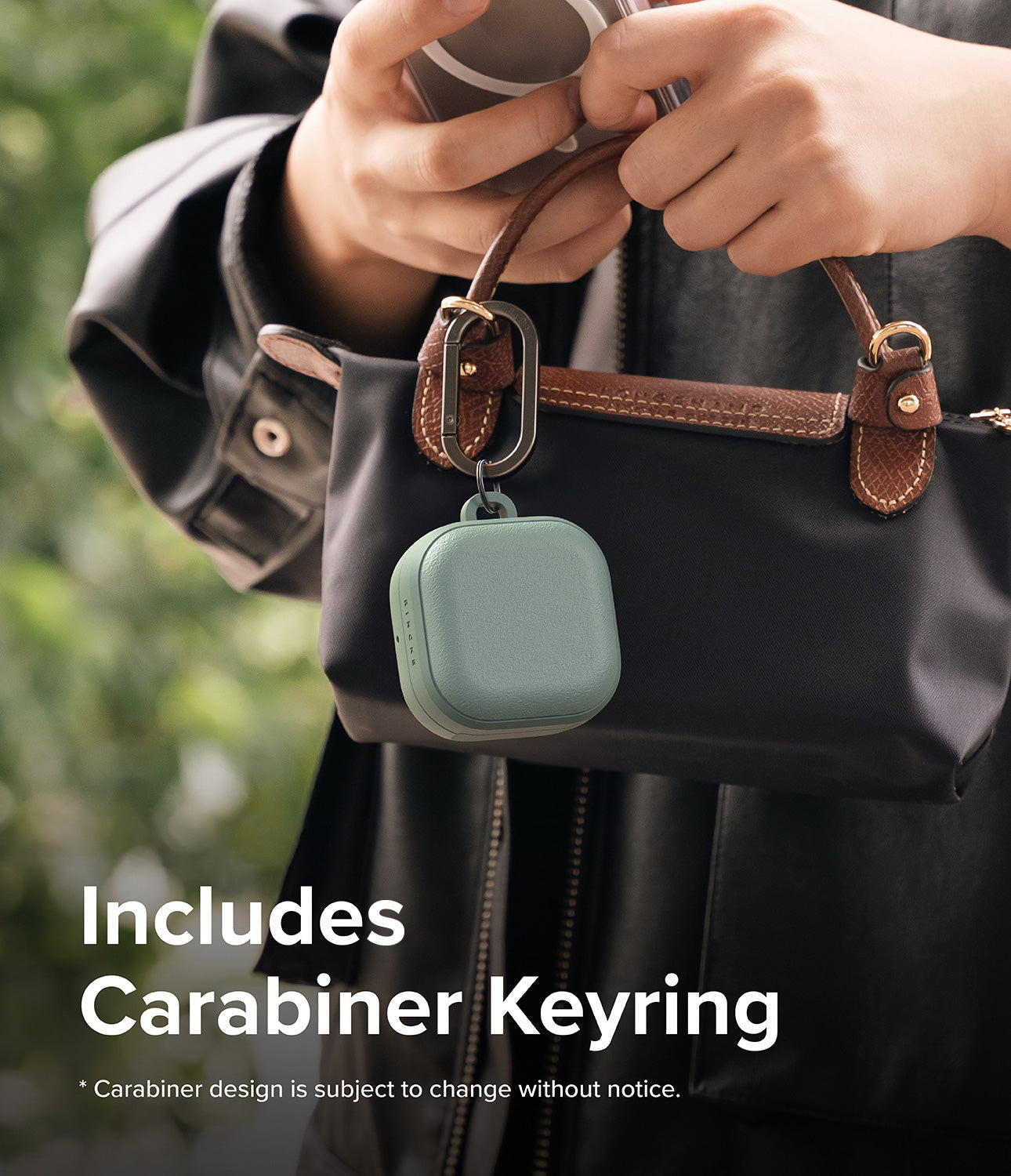 Galaxy Buds 4 Pro / 4 Case | Onyx Magnetic - Sage green earbud case attached to a black handbag with a metal carabiner.