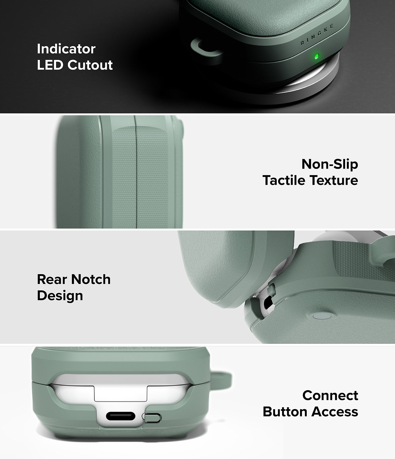 Galaxy Buds 4 Pro / 4 Case | Onyx Magnetic - Four panels showing LED cutout, textured grip, rear hinge, and port access.