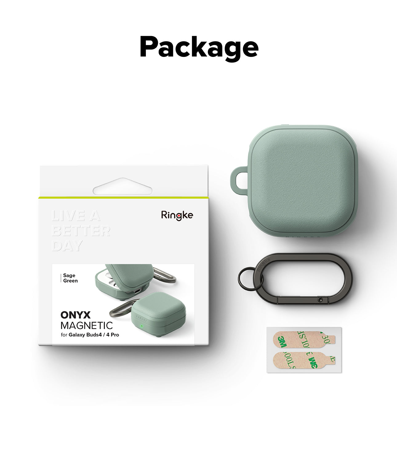 Galaxy Buds 4 Pro / 4 Case | Onyx Magnetic - Sage green protective case, black carabiner, and adhesive strips.