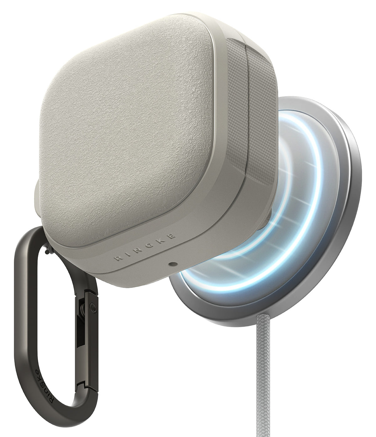 Galaxy Buds 4 Pro / 4 Case | Onyx Magnetic - Textured gray case magnetically attached to a glowing wireless charger.