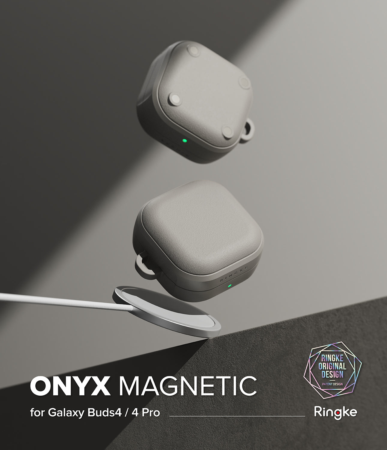 Galaxy Buds 4 Pro / 4 Case | Onyx Magnetic - Two gray textured earbud cases floating above a magnetic charging puck.