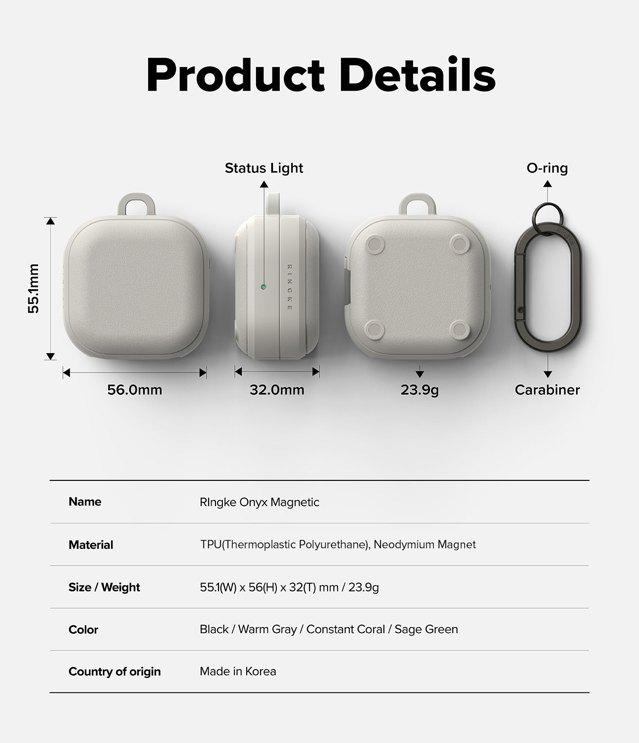 Galaxy Buds 4 Pro / 4 Case | Onyx Magnetic - Technical diagram showing case dimensions, weight, and carabiner features.