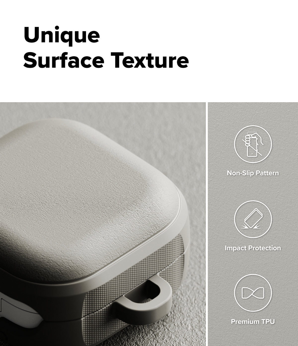 Galaxy Buds 4 Pro / 4 Case | Onyx Magnetic - Textured grey case with icons for non-slip, impact protection, and TPU material.