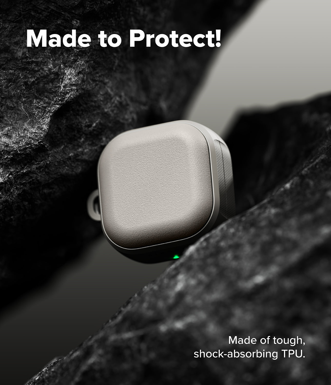 Galaxy Buds 4 Pro / 4 Case | Onyx Magnetic - Grey protective case nestled between dark, rugged rock formations.